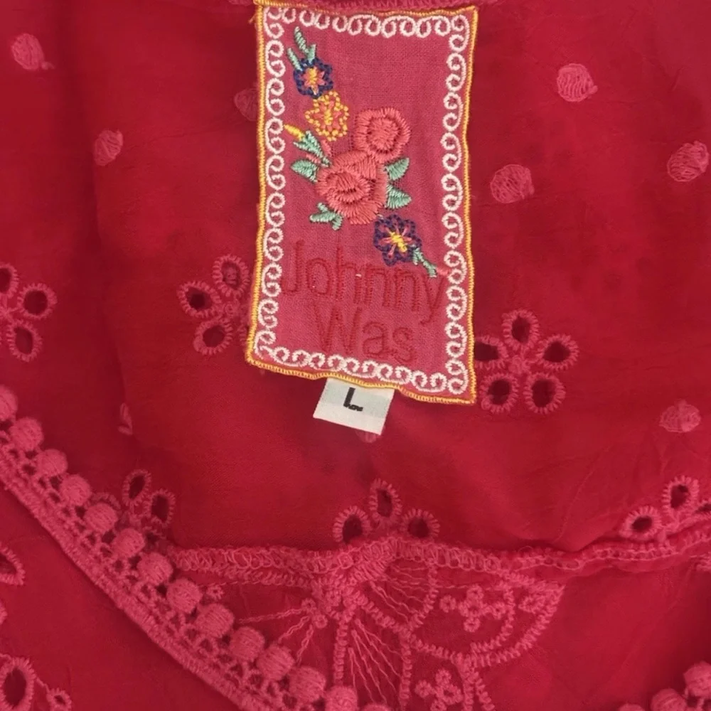 John Was Embroidered Butterfly Fuchsia PinkEyelet Short Sleeve Tunic Top Dress - Picture 10 of 10